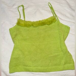 Vintage Y2K Bebe Moda Green Knit Women's Top with Faux Fur Trim - Large